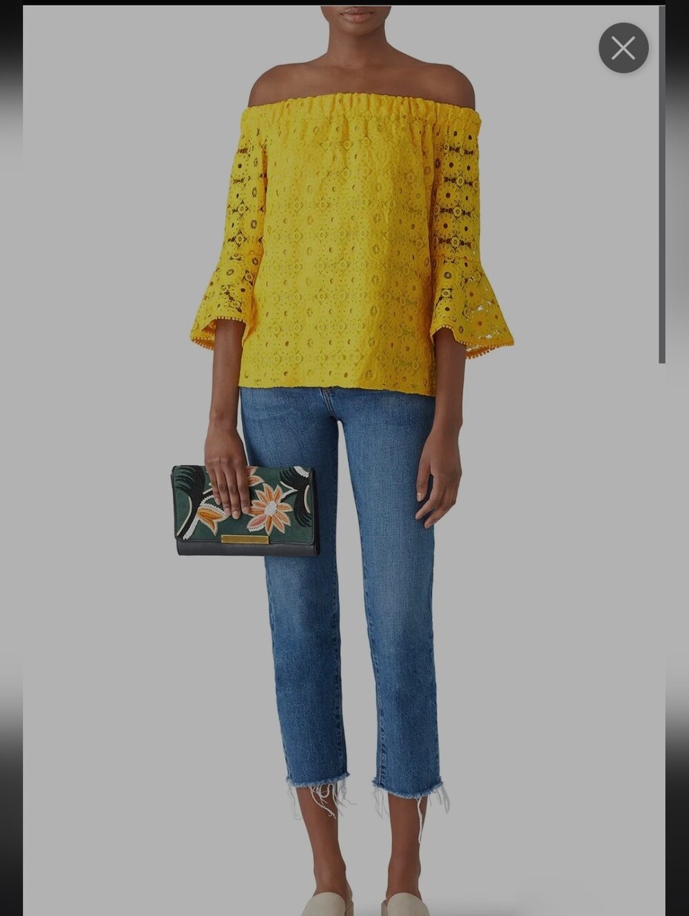 TRINA TURK Yellow Eyelet Off The Shoulder Bell Sleeve Blouse Top XS NWT New